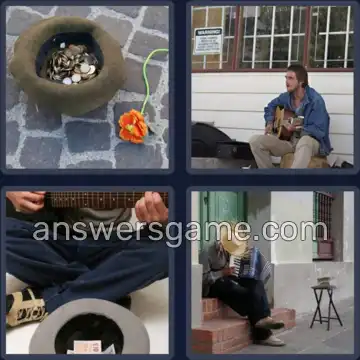 4 Pics 1 Word 6 Letters BUSKER