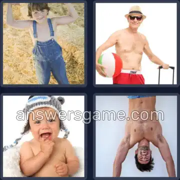 4 Pics 1 Word 9 Letters SHIRTLESS