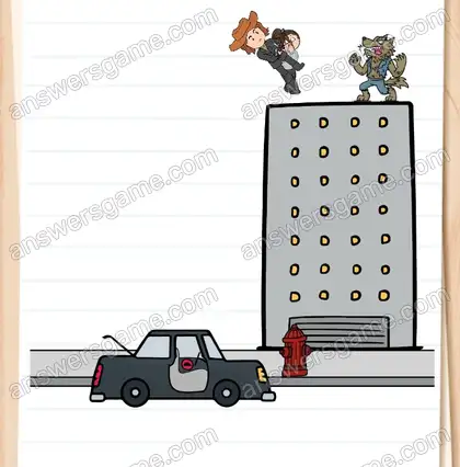 Joe muss auf das Hochhaus gelangen, um die Frau zu retten. Brain Test 2 Level 12 Lösungen