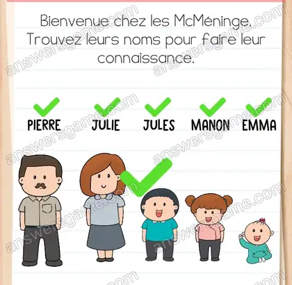Bienvenue chez les McMéninge. Trouvez leurs noms pour faire leur connaissance. Brain Test 2 Niveau 1 solution