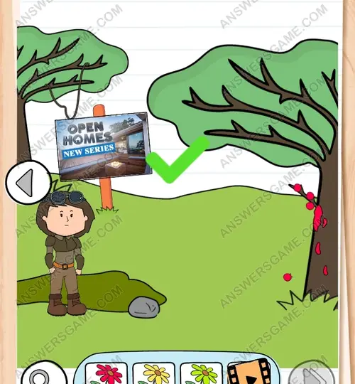 Wir brauchen eine gelbe, eine grüne und eine rote Blume. Eine gelbe und grüne Blume kann ich sehen, aber wo bekomme ich eine rote her. Brain Test 3 Level 56