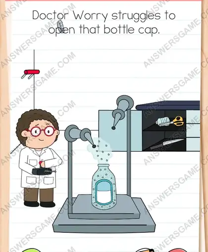 Doctor Worry struggles to open that bottle cap. Brain Test 4 Level 139
