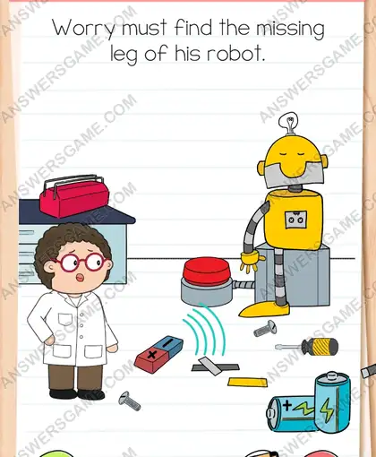 Worry must find the missing leg of his robot. Brain Test 4 Level 235