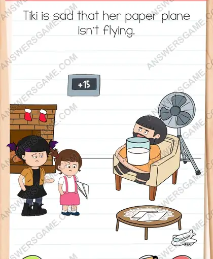 Tiki is sad that her paper plane isn't flying. Brain Test 4 Level 58