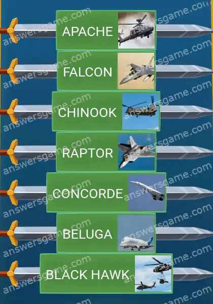 Answers to the game Word Logic Castle 5 Aircrafts