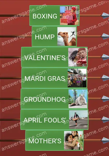 Answers to the game Word Logic Castle 7 Holidays and beyond